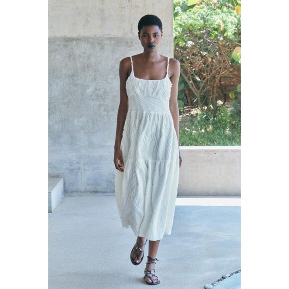 White Zara Jacquard Textured Spaghetti Strap Midi Dress (NWT) - Picture 1 of 11